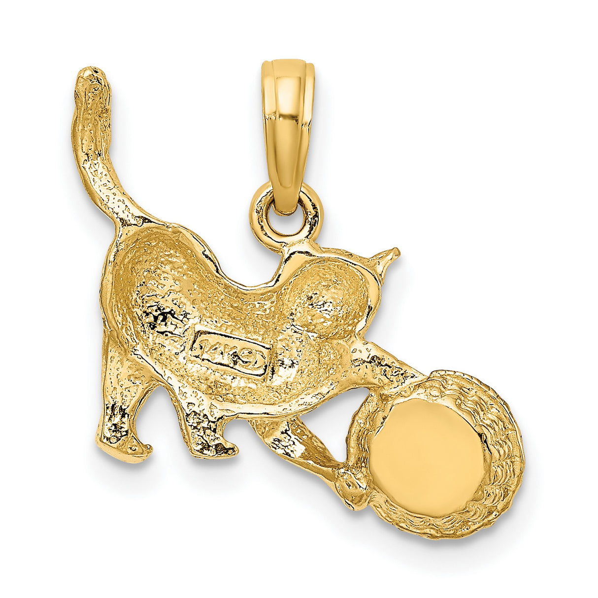 10k Multi-Tone Gold Cat and Basket Pendant with Rhodium Accents, Playful Kitten Charm