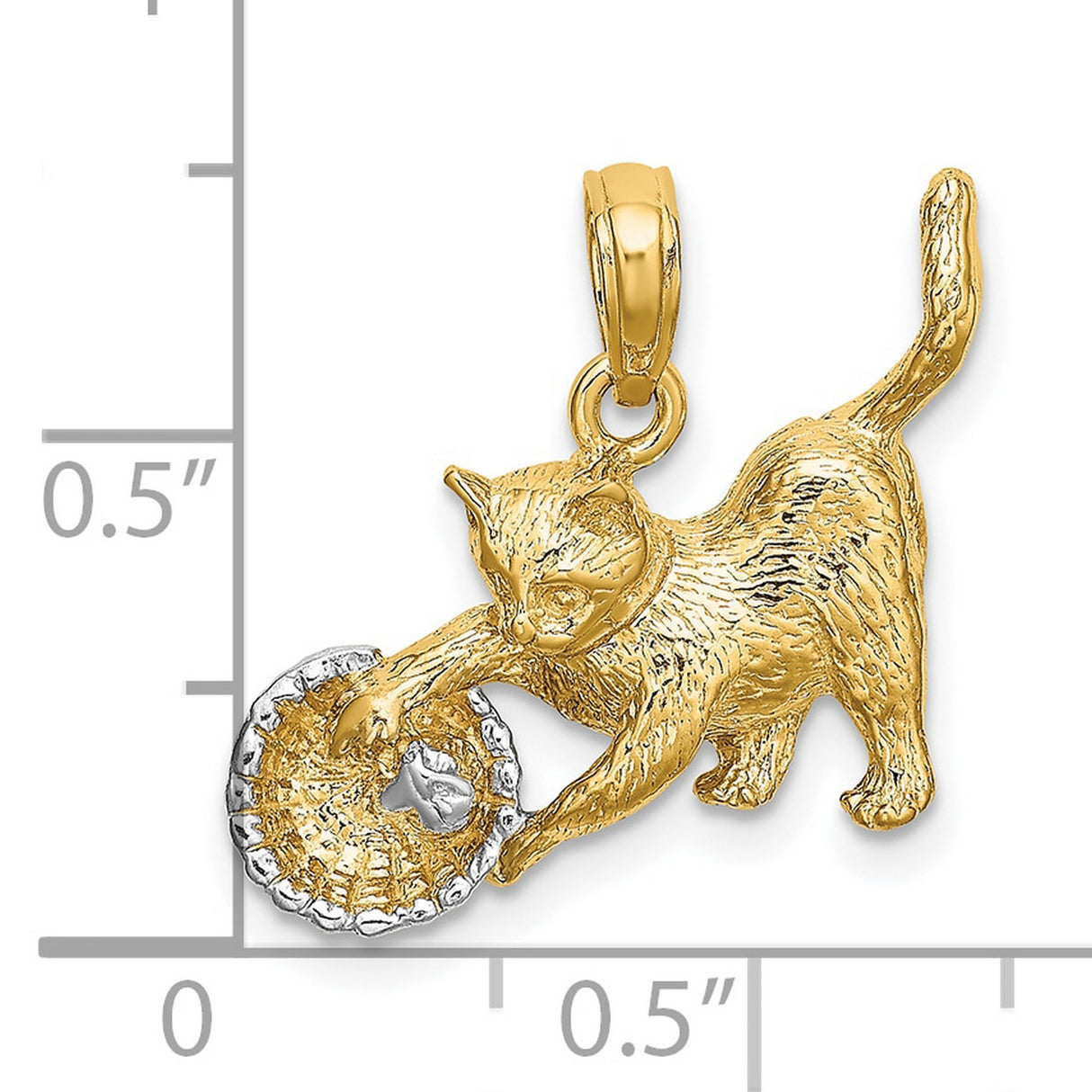 10k Multi-Tone Gold Cat and Basket Pendant with Rhodium Accents, Playful Kitten Charm