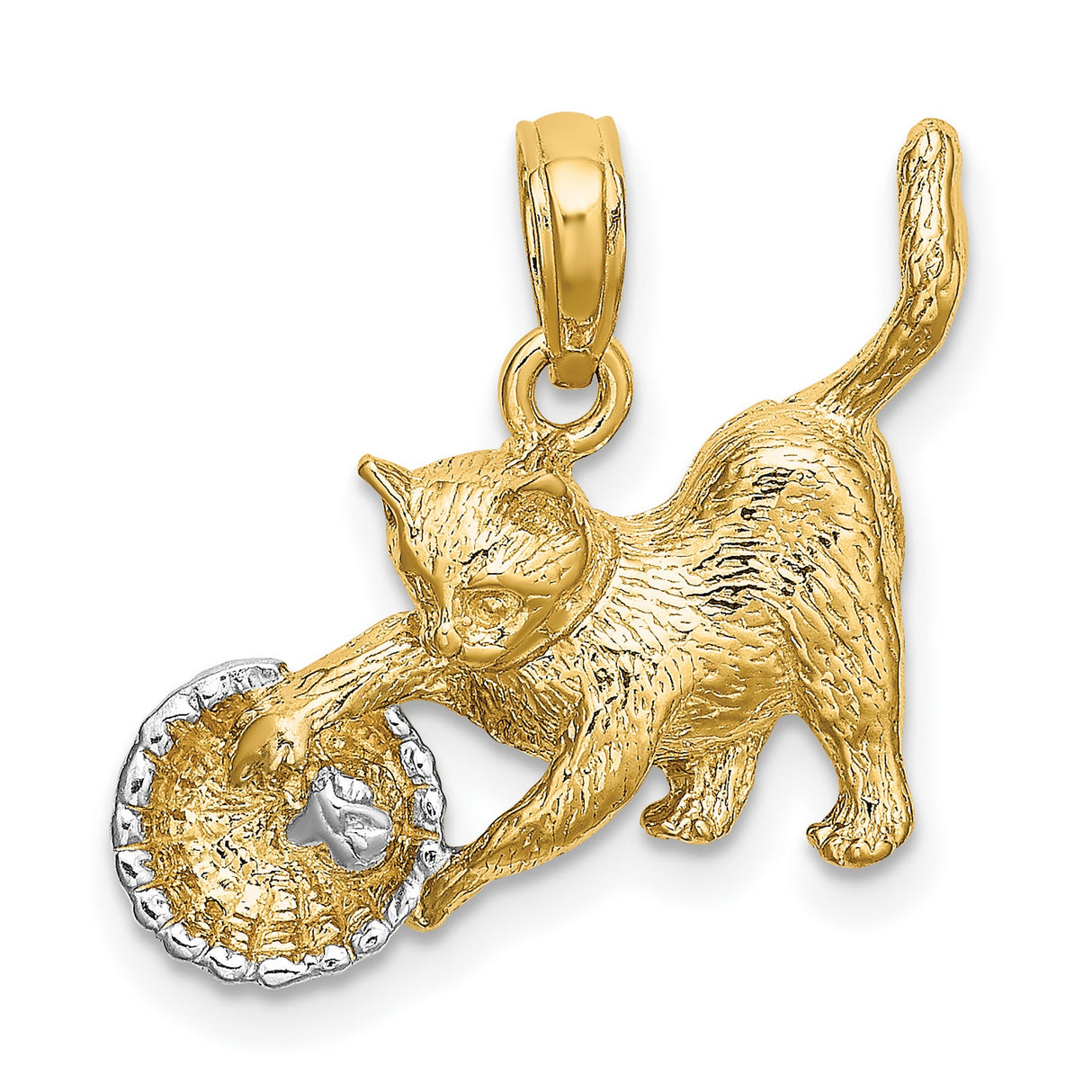 10k Multi-Tone Gold Cat and Basket Pendant with Rhodium Accents, Playful Kitten Charm
