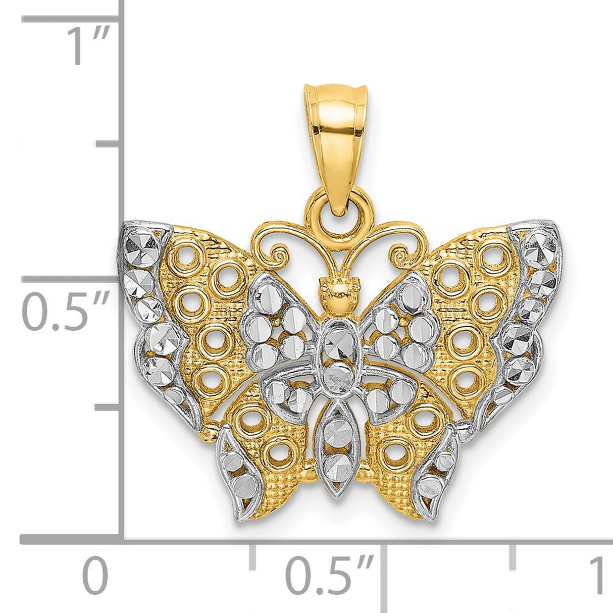 10k Multi-Tone Gold Butterfly Pendant with Rhodium Detailing and Diamond-Cut Filigree Design