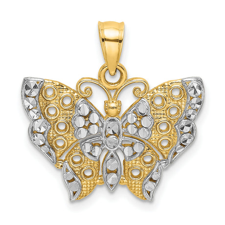 10k Multi-Tone Gold Butterfly Pendant with Rhodium Detailing and Diamond-Cut Filigree Design