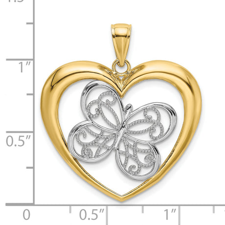 10k Multi-Tone Gold Butterfly Heart Pendant, Filigree Design for Women