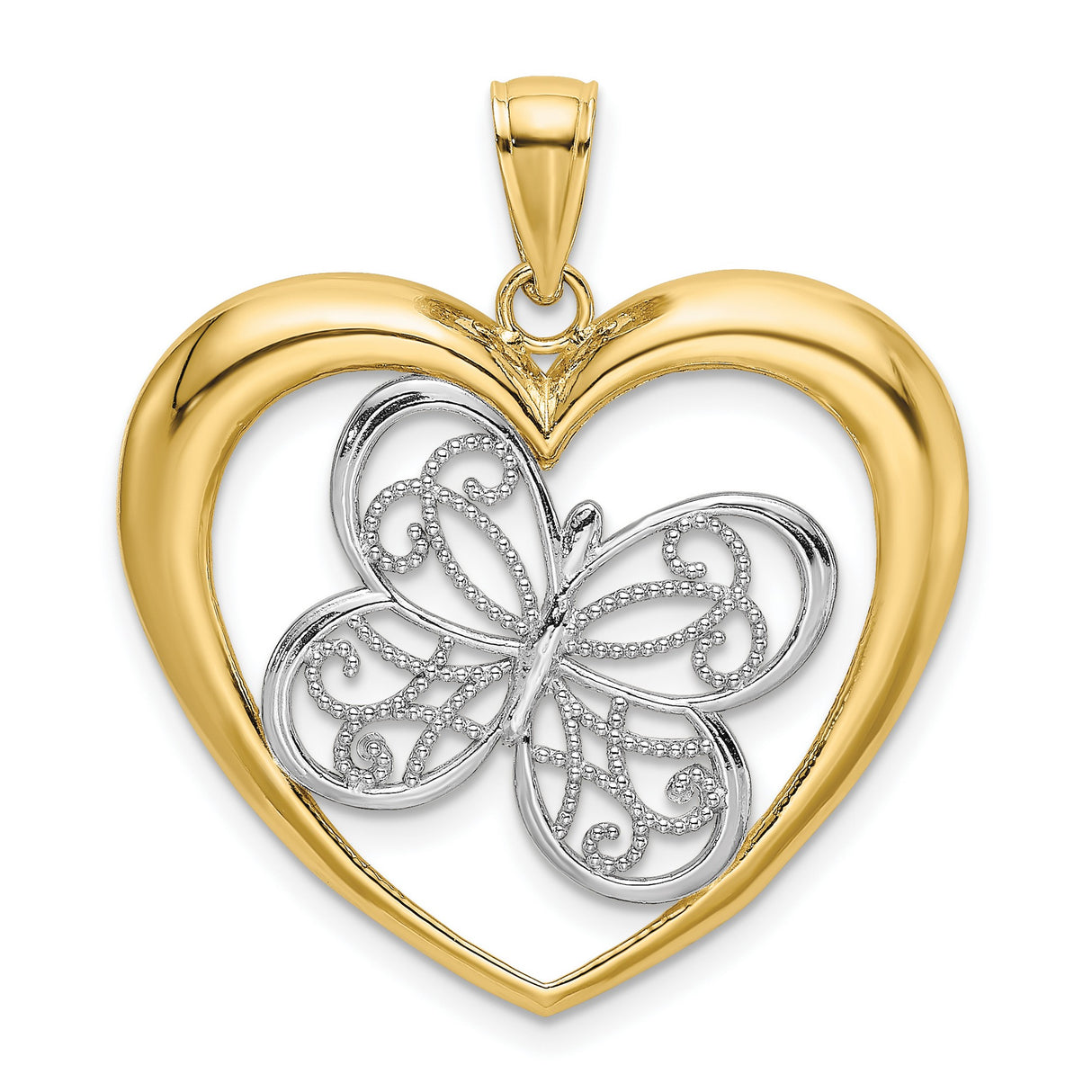 10k Multi-Tone Gold Butterfly Heart Pendant, Filigree Design for Women