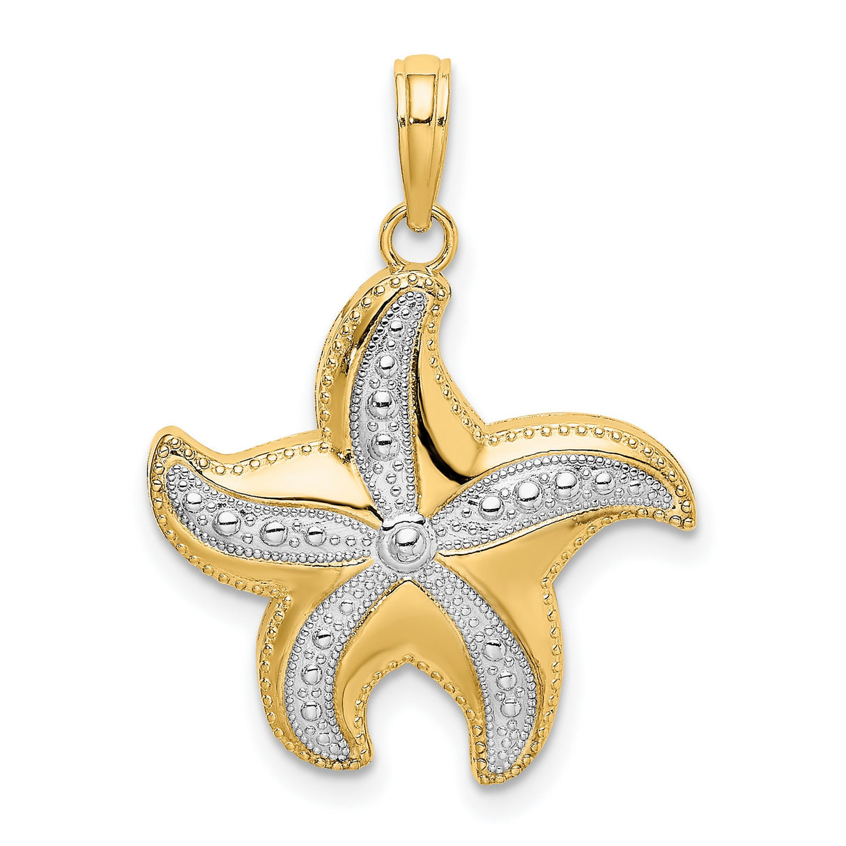 10k Multi-Tone Gold Starfish Pendant with Rhodium Accent, Textured Nautical Ocean Charm