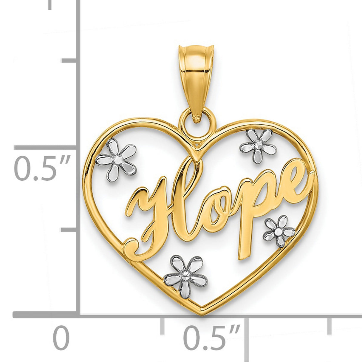 10k Multi-Tone Gold Heart Pendant with Rhodium Accents, Floral Design, Hope Theme for Women