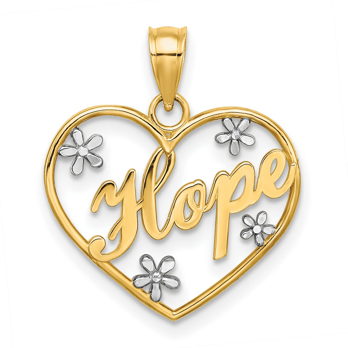10k Multi-Tone Gold Heart Pendant with Rhodium Accents, Floral Design, Hope Theme for Women