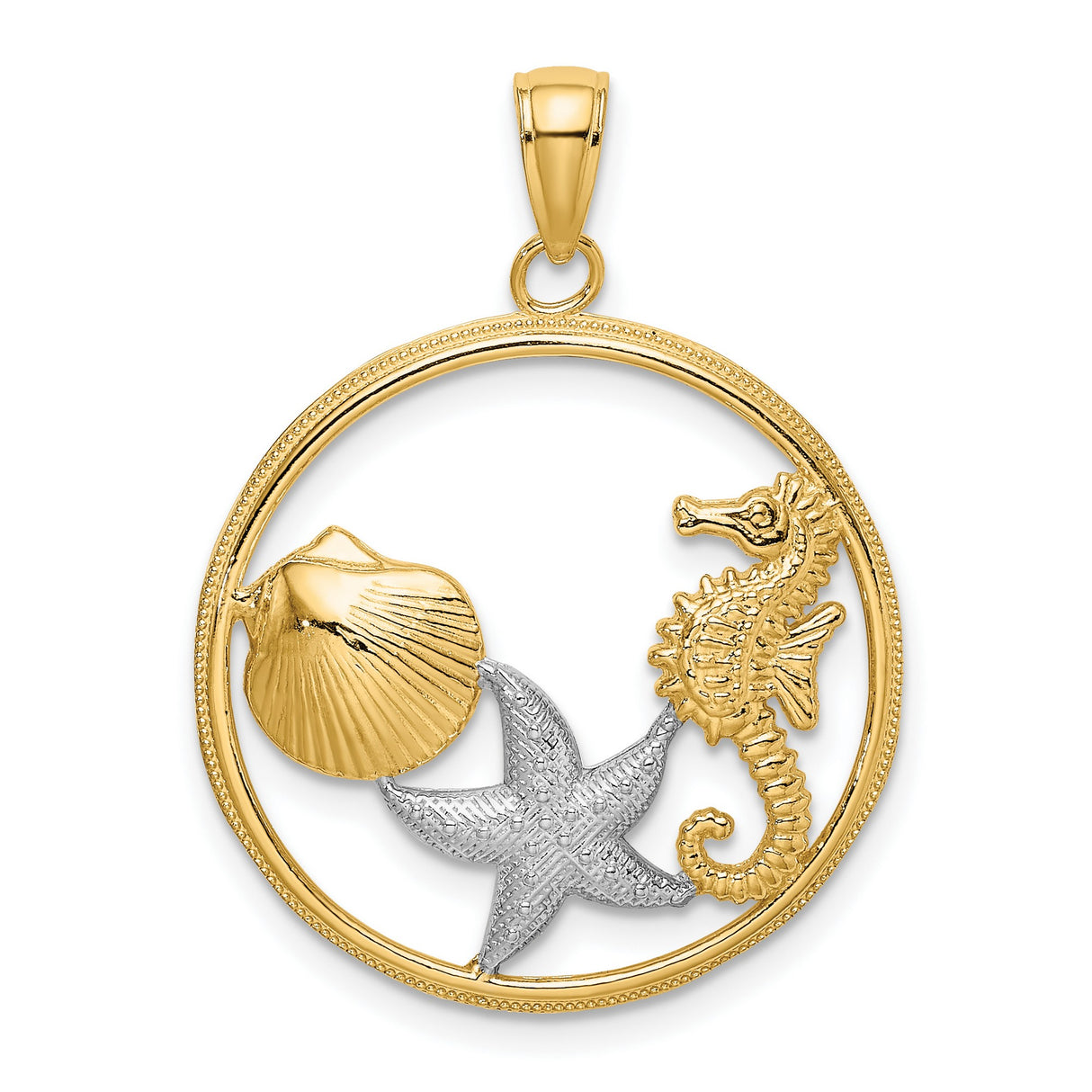 10k Multi-Tone Gold Pendant with Seahorse, Starfish, and Seashell Ocean Theme
