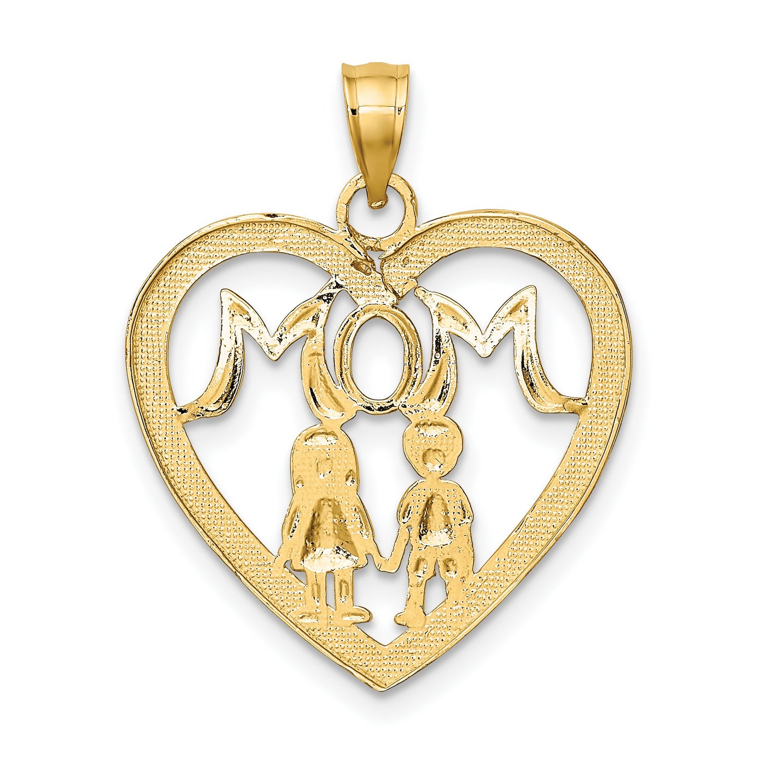 10k Multi-Tone Gold Heart Pendant with MOM and Stick Figures, Symbol of Motherhood and Family