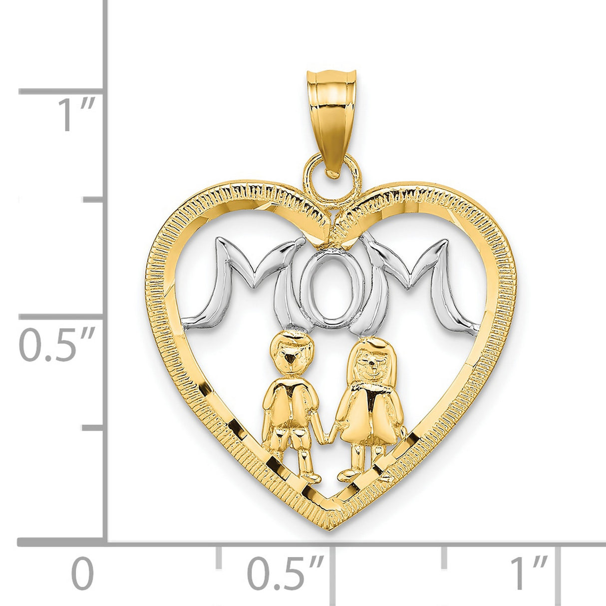 10k Multi-Tone Gold Heart Pendant with MOM and Stick Figures, Symbol of Motherhood and Family