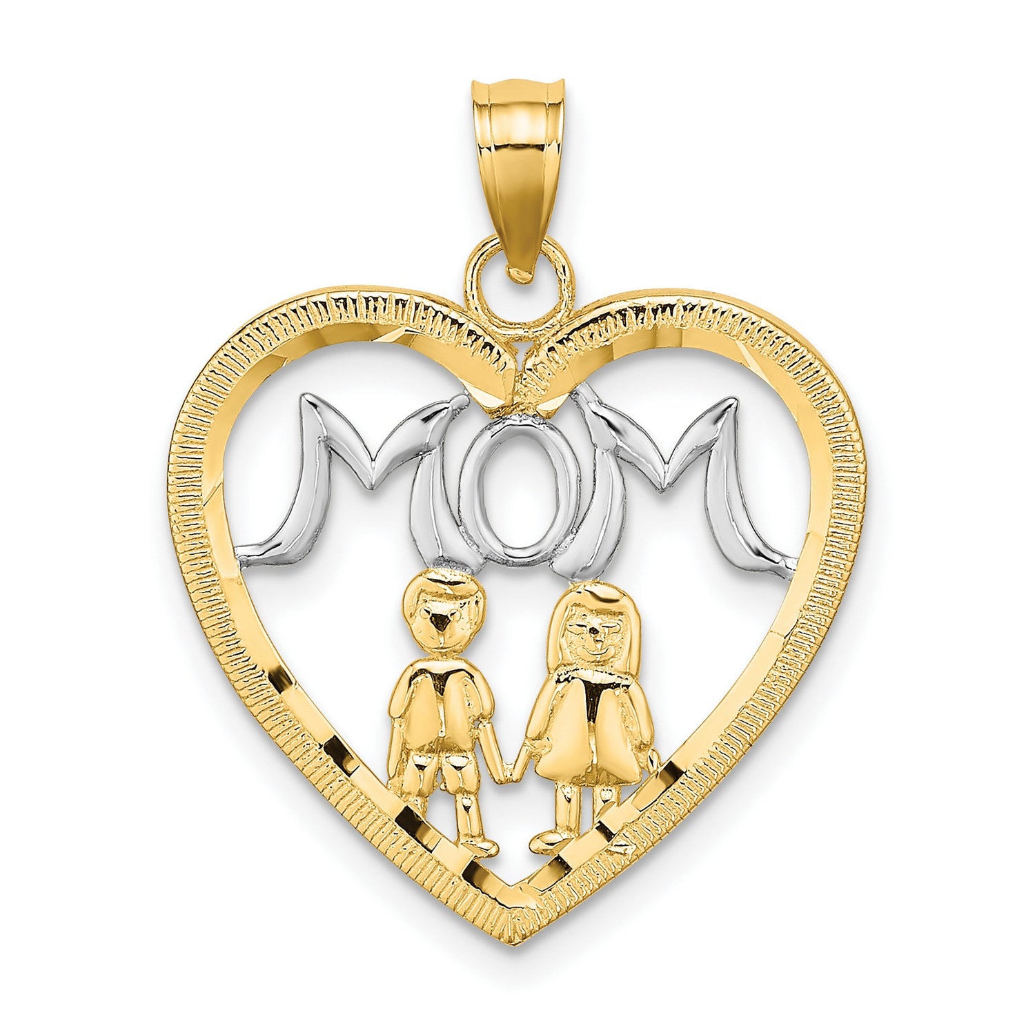 10k Multi-Tone Gold Heart Pendant with MOM and Stick Figures, Symbol of Motherhood and Family