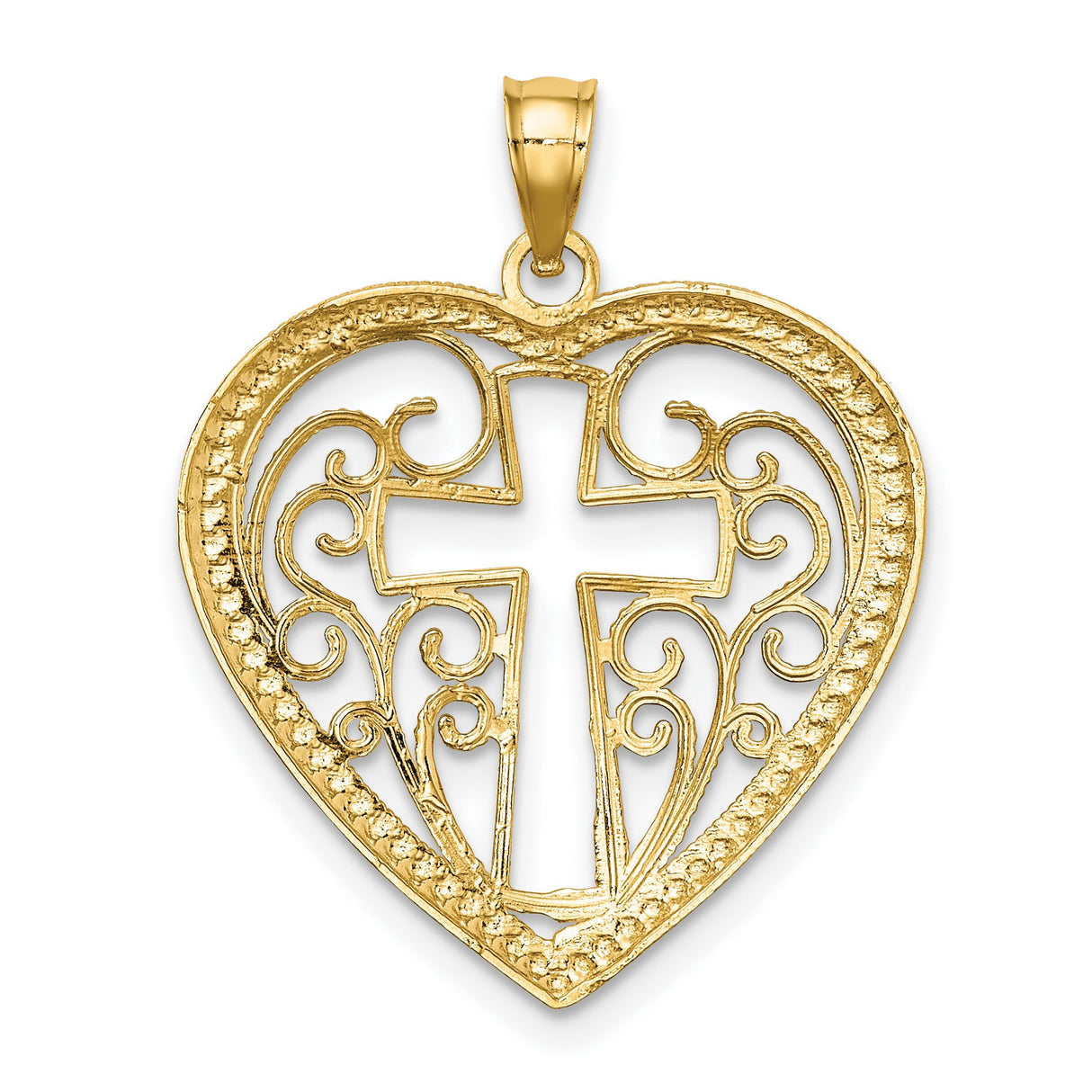 10k Multi-Tone Gold Cross Pendant with Rhodium Filigree and Scrollwork Design