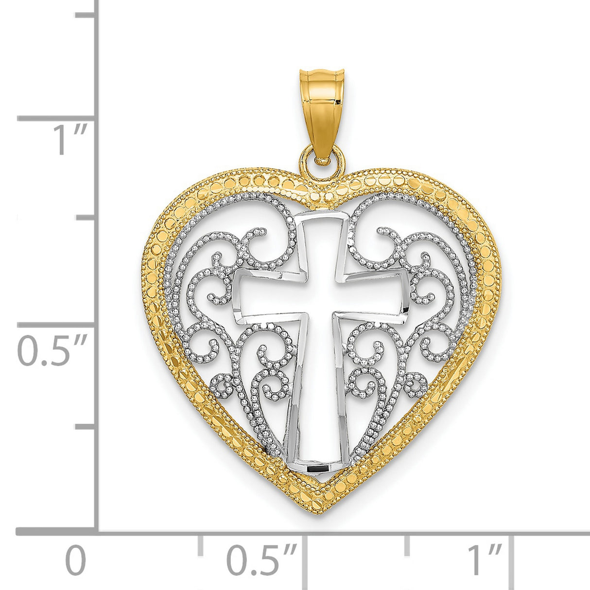 10k Multi-Tone Gold Cross Pendant with Rhodium Filigree and Scrollwork Design