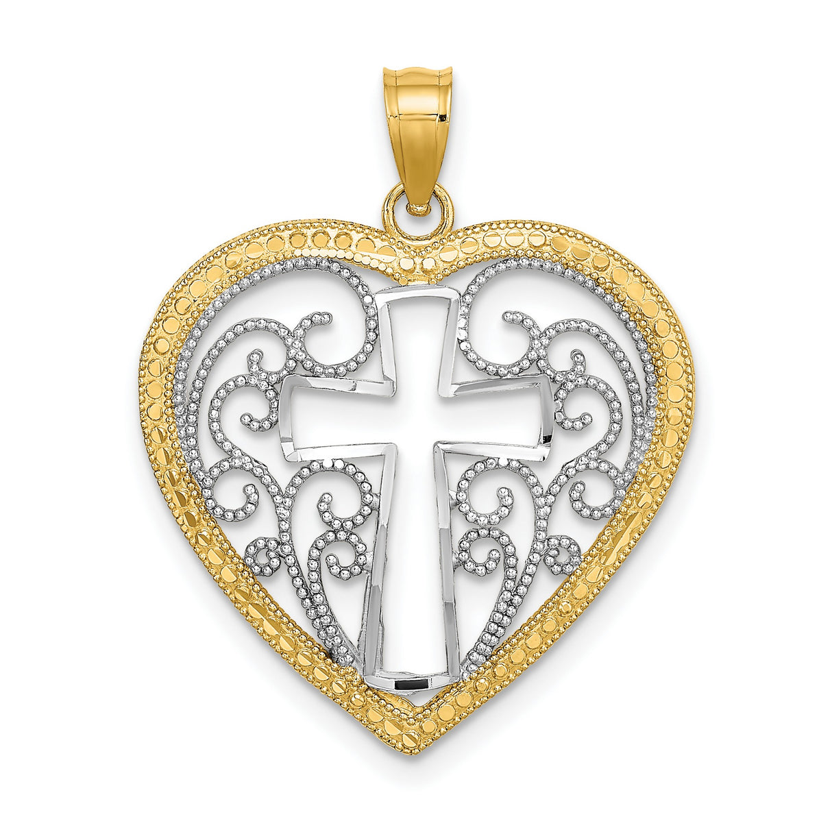 10k Multi-Tone Gold Cross Pendant with Rhodium Filigree and Scrollwork Design