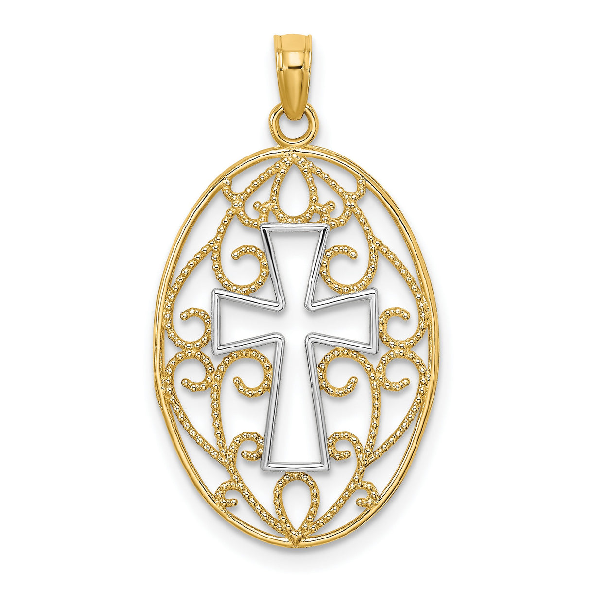 10k Multi-Tone Gold Cross Pendant with Beaded Filigree and Textured Scrollwork