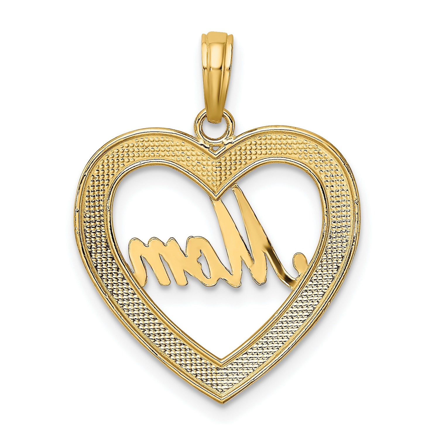 10k Multi-Tone Gold Heart Pendant with Rhodium Mom Script and Textured Frame