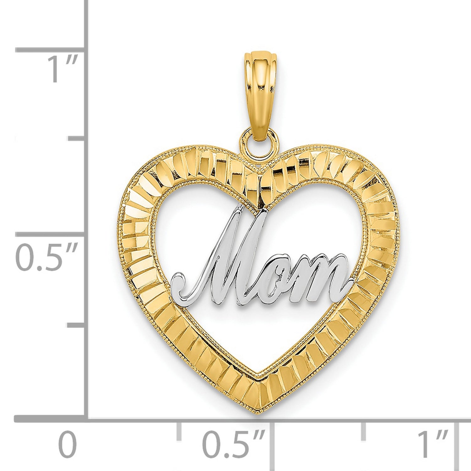 10k Multi-Tone Gold Heart Pendant with Rhodium Mom Script and Textured Frame