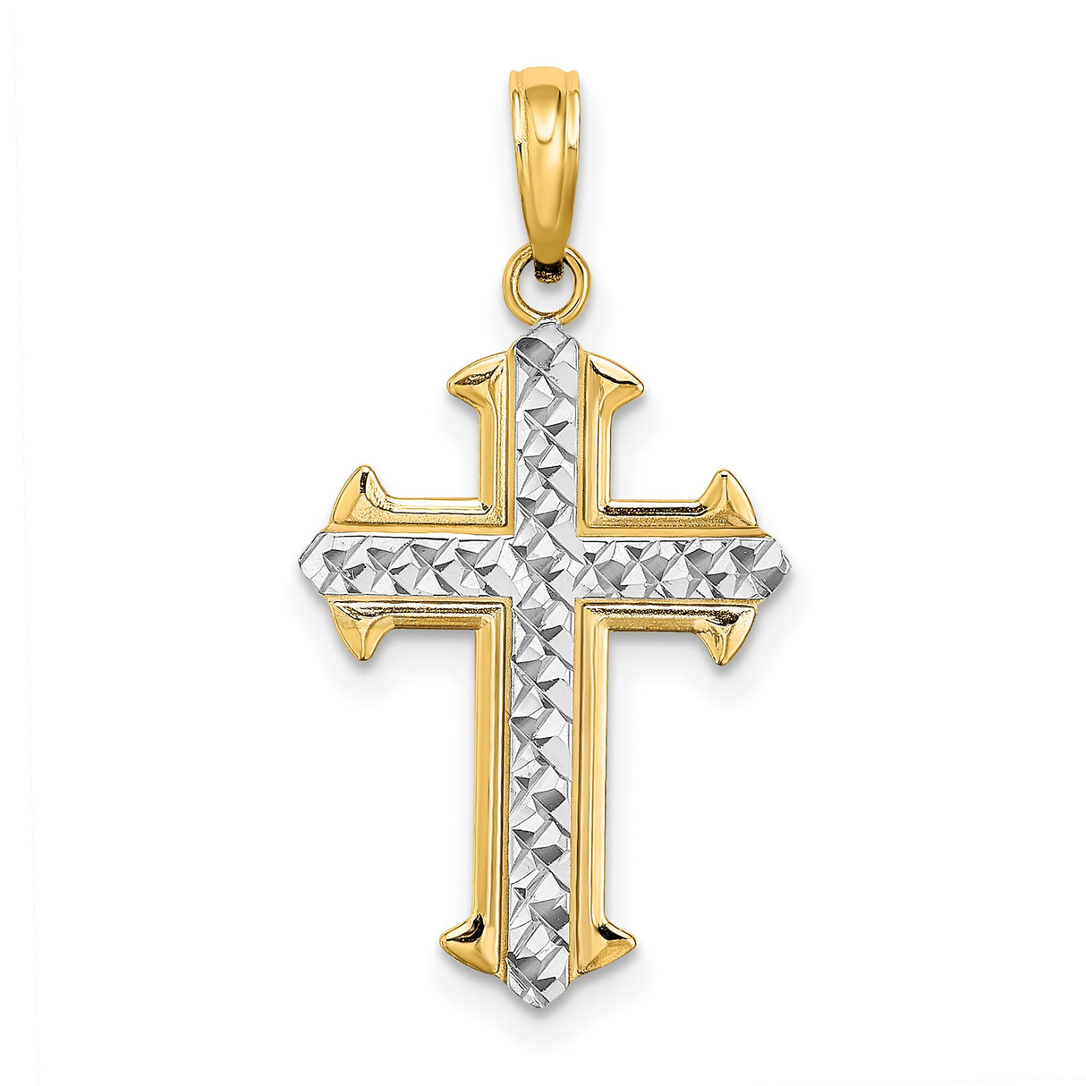 10k Yellow and White Gold Cross Pendant with Rhodium Finish, Diamond Cut Detailing, Spiritual Design
