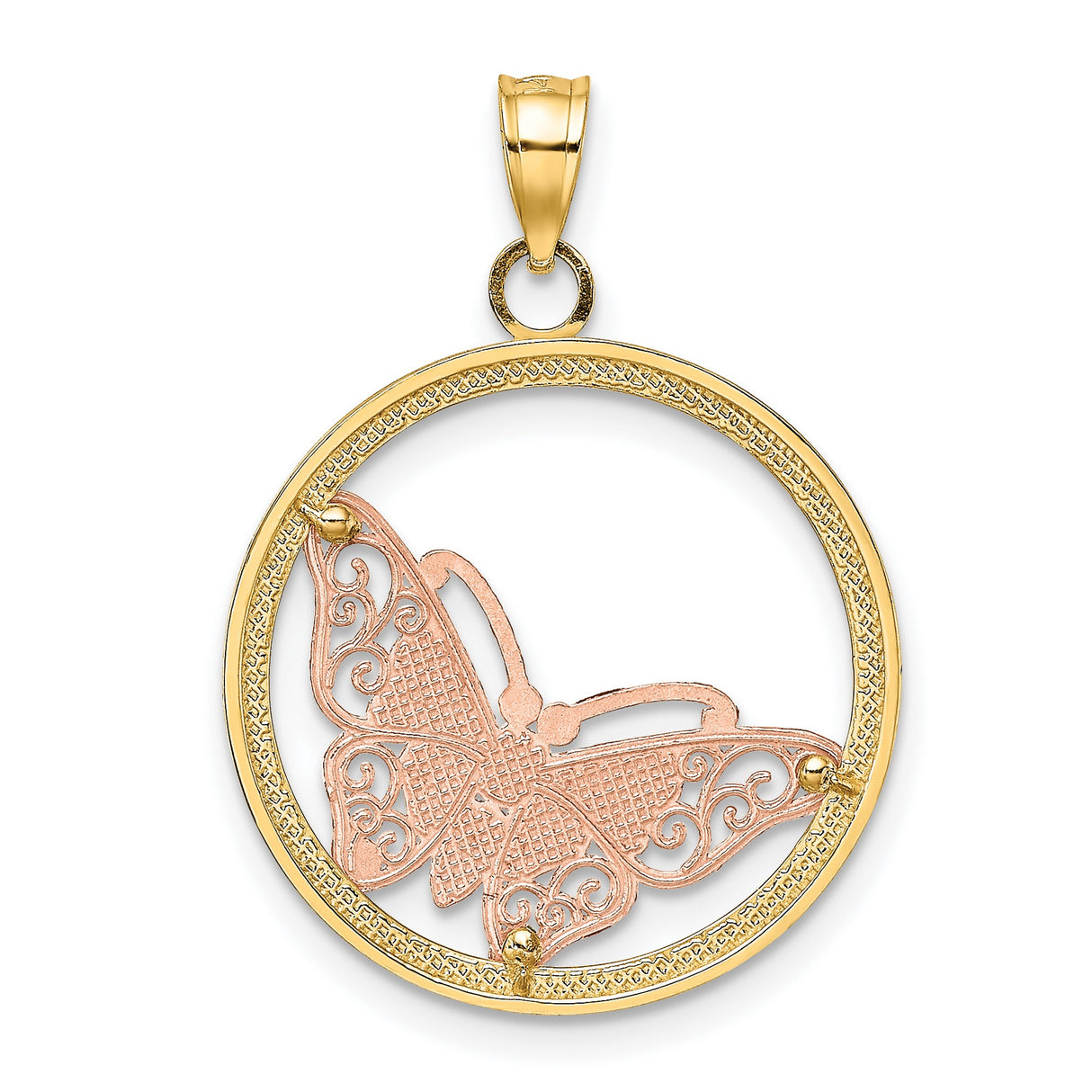 10k Two-Tone Gold Butterfly Pendant with Filigree Wings and Polished Circle Design