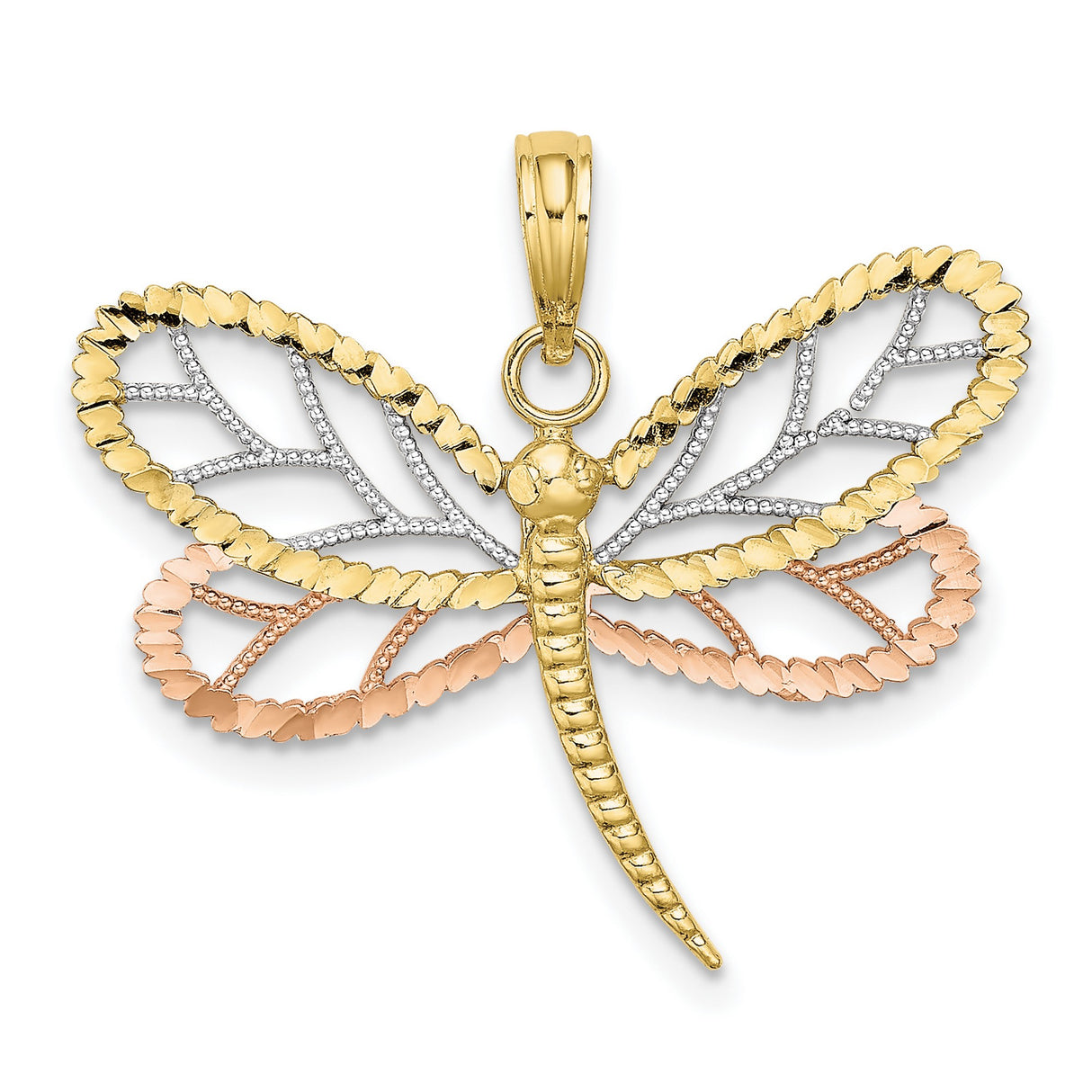 10k Two-Tone Gold Dragonfly Pendant with Filigree Wings in Yellow, White, and Rose Gold