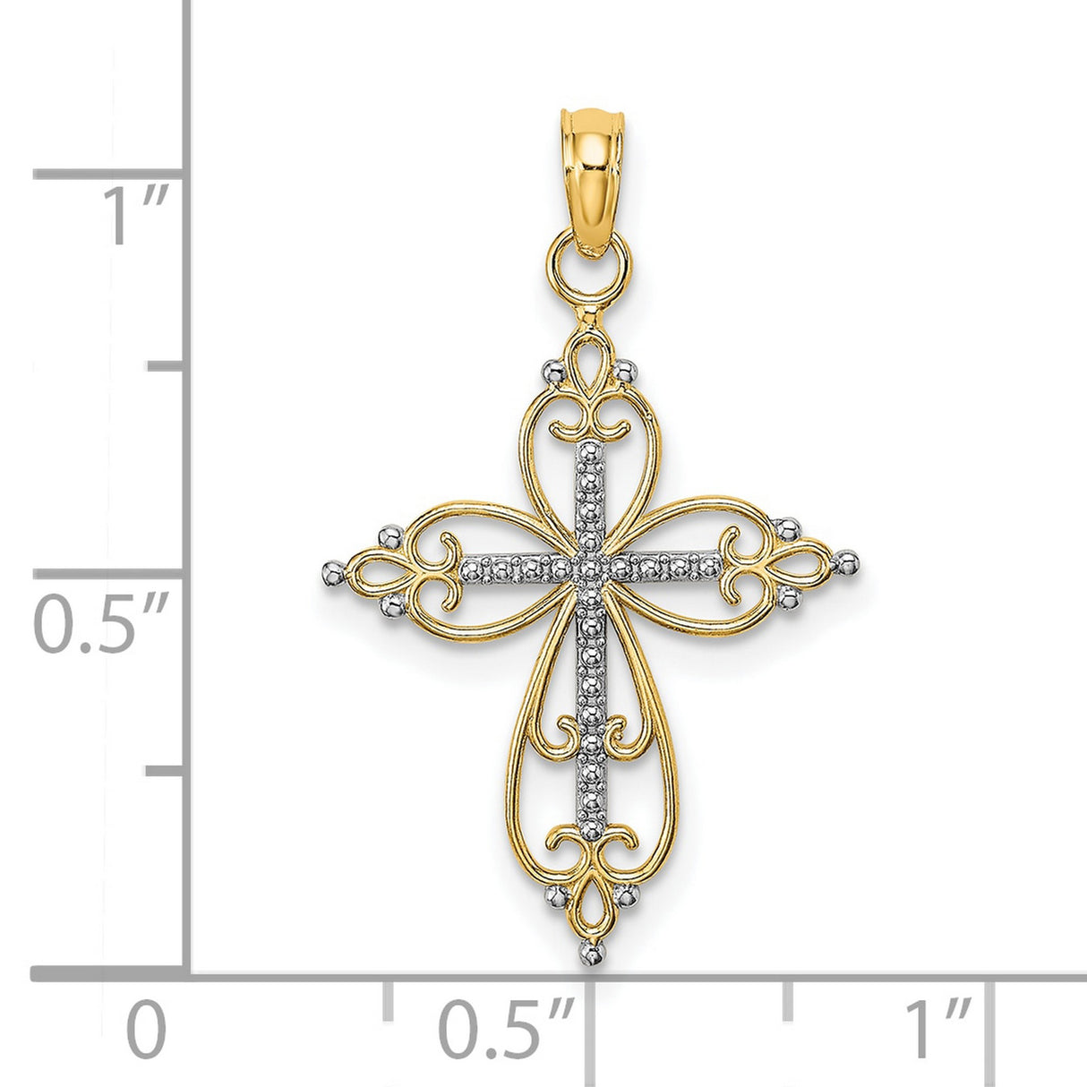 10k Multi-Tone Gold Cross Pendant with Beaded Detail and Openwork Scroll Design