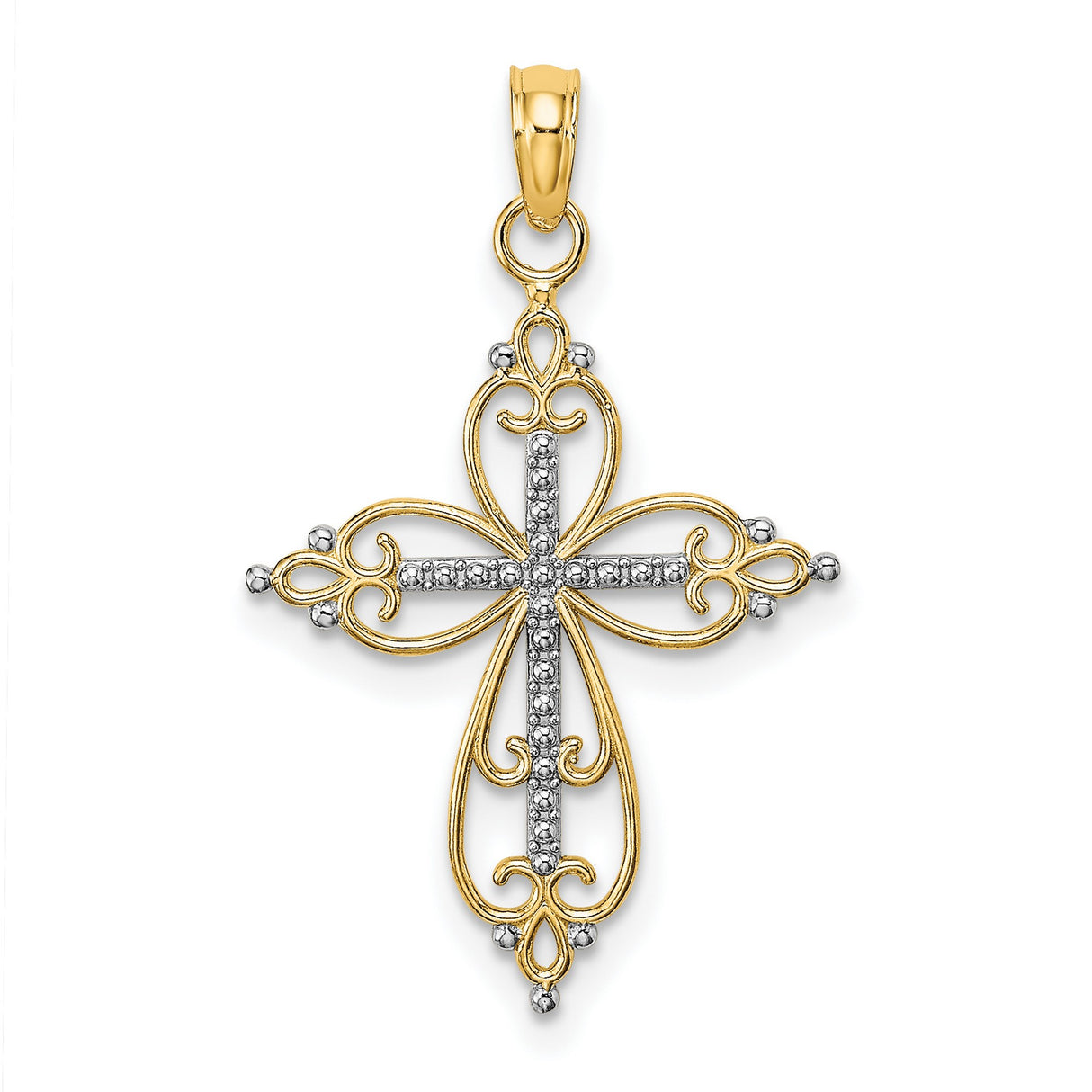 10k Multi-Tone Gold Cross Pendant with Beaded Detail and Openwork Scroll Design