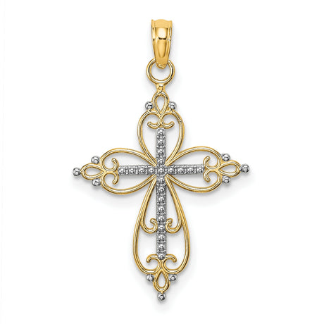 10k Multi-Tone Gold Cross Pendant with Beaded Detail and Openwork Scroll Design