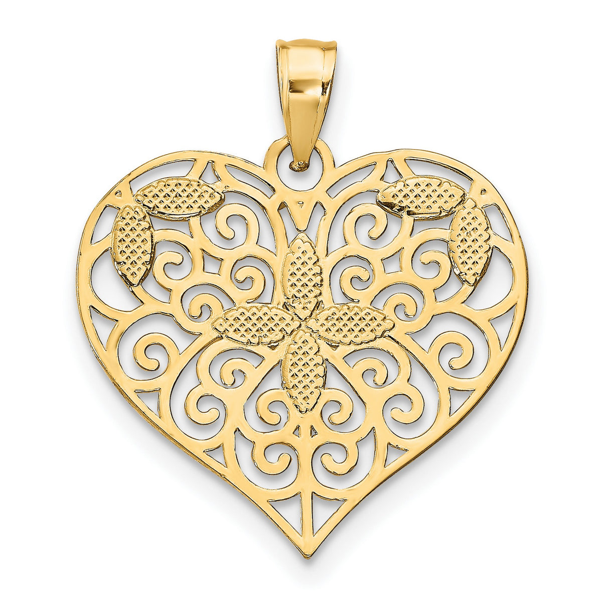 10k Multi-Tone Gold Heart Pendant with Rhodium Accent, Filigree Swirl and Floral Design