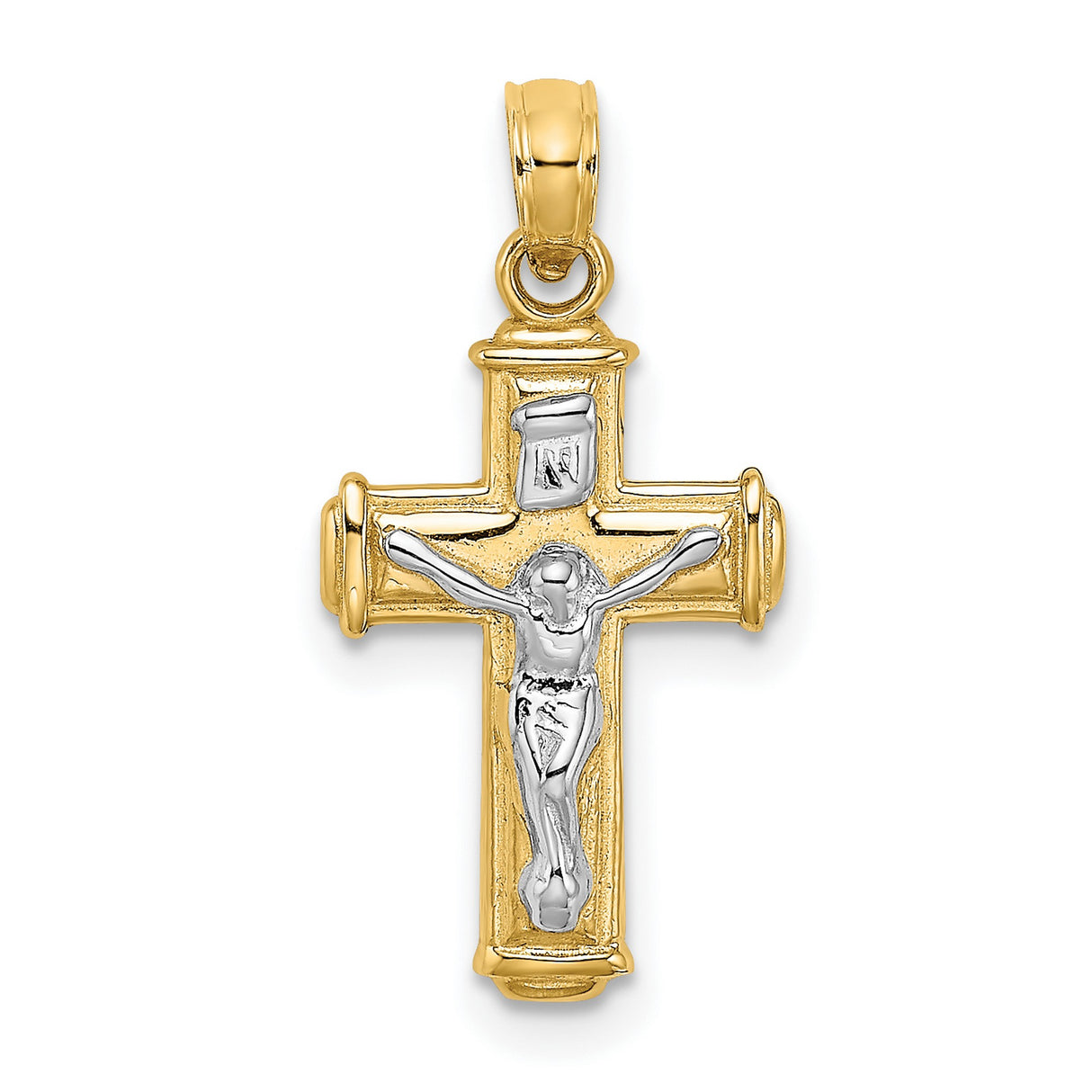 10k Two-Tone Gold Crucifix Cross Pendant with INRI Charm, Byzantine Christian Style