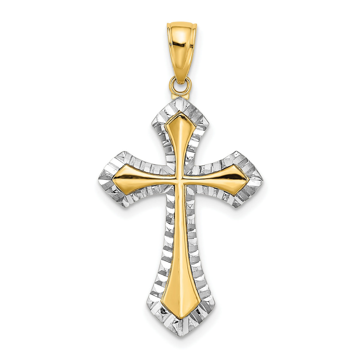 10k Two-Tone Gold Cross Pendant with White Accents and Textured Border