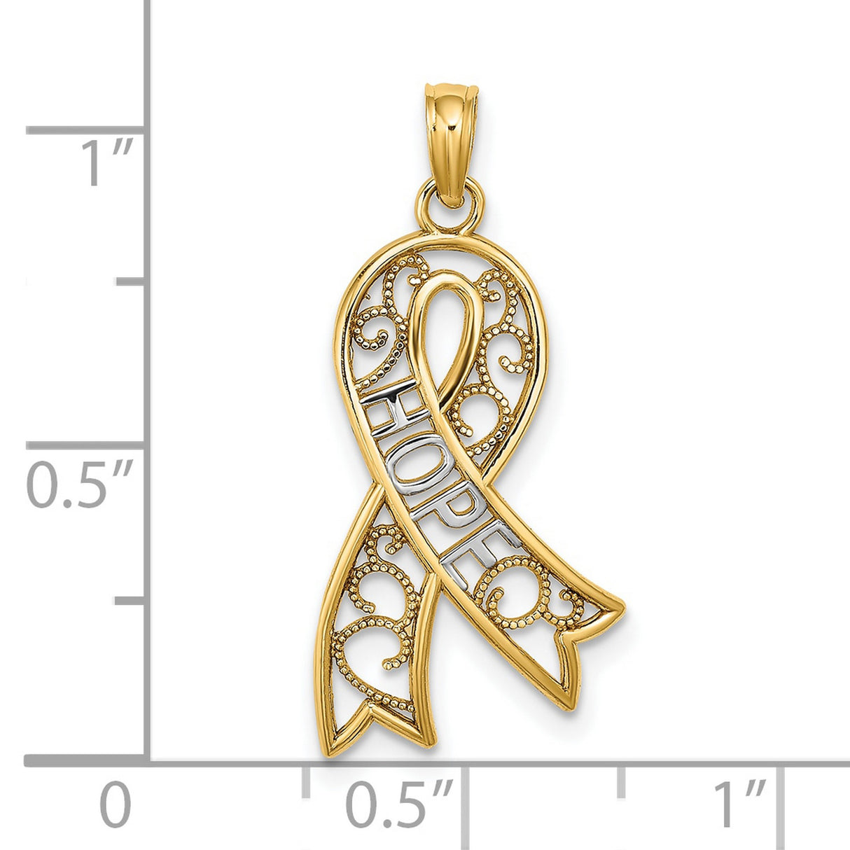 10k Multi-Tone Gold Awareness Ribbon Pendant with Rhodium Accent, Filigree Design