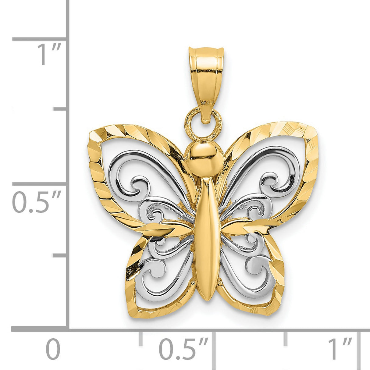 10k Multi-Tone Gold Butterfly Pendant with Rhodium Accents, Swirling Wing Detail