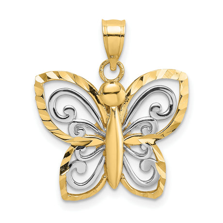 10k Multi-Tone Gold Butterfly Pendant with Rhodium Accents, Swirling Wing Detail