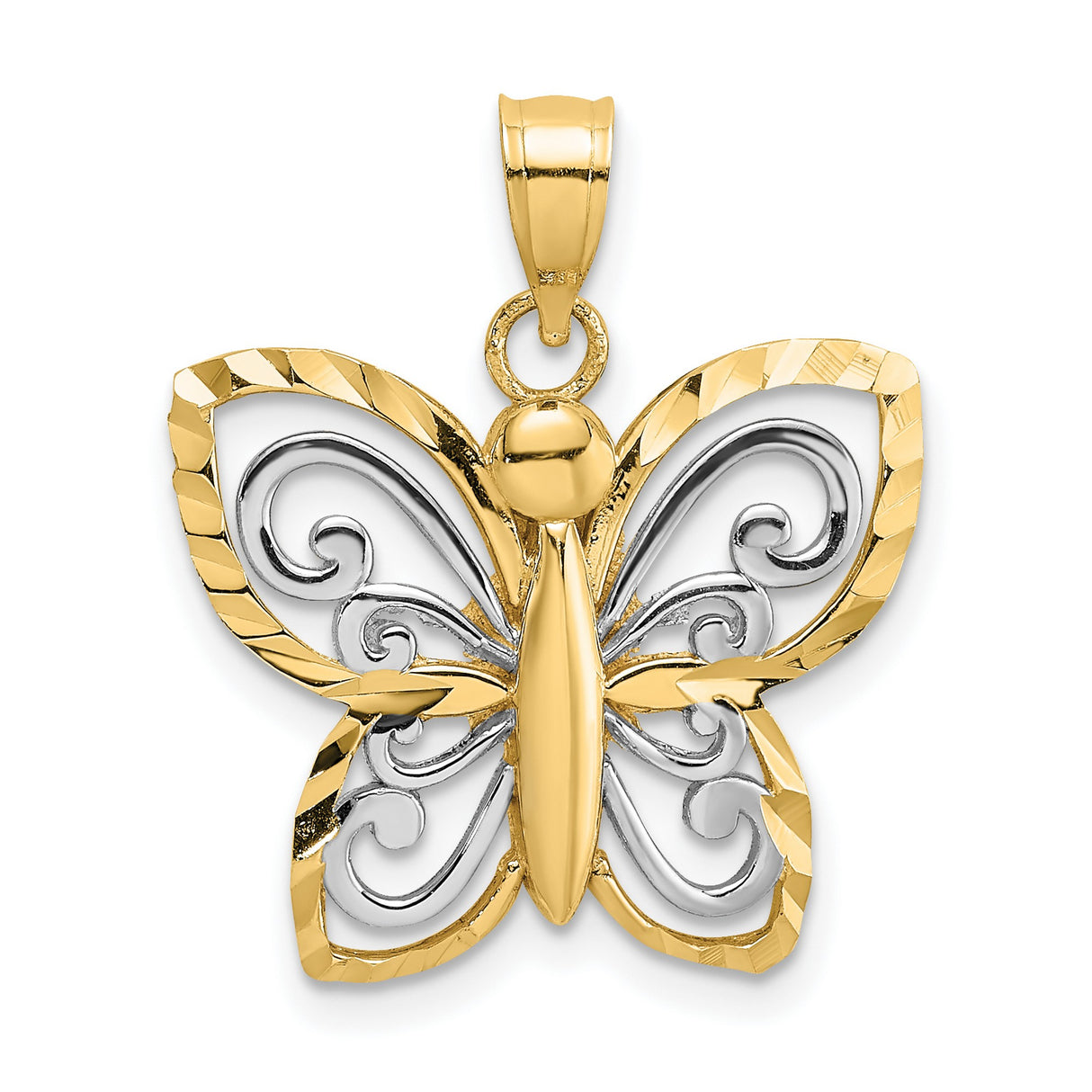 10k Multi-Tone Gold Butterfly Pendant with Rhodium Accents, Swirling Wing Detail