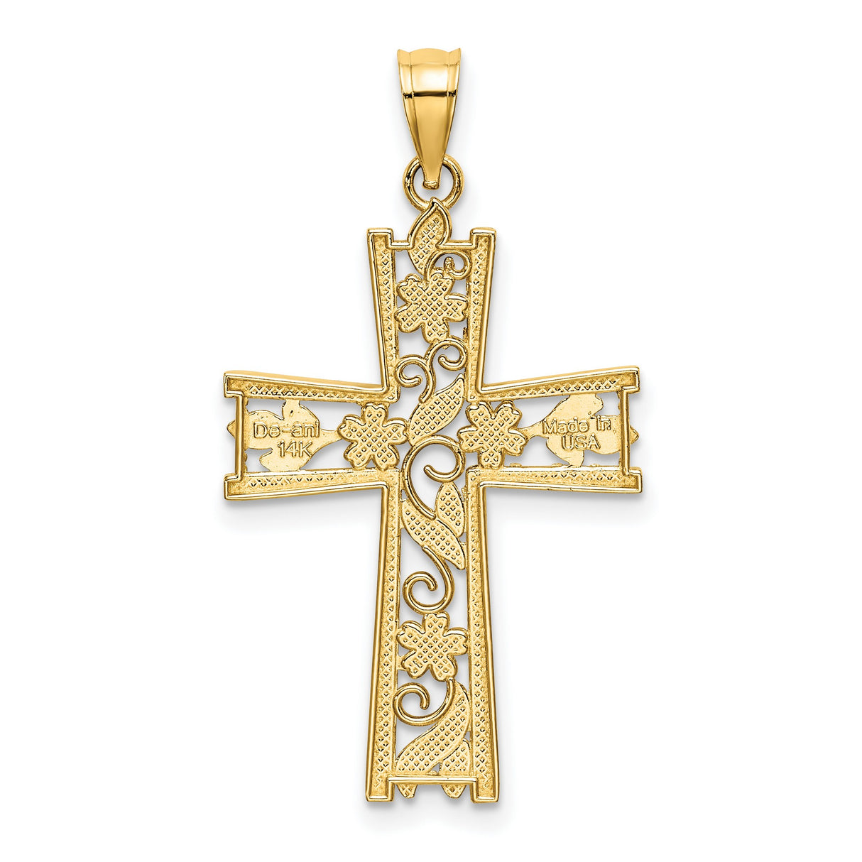 10k Yellow and White Gold Cross Pendant with Diamond Cut Floral Design