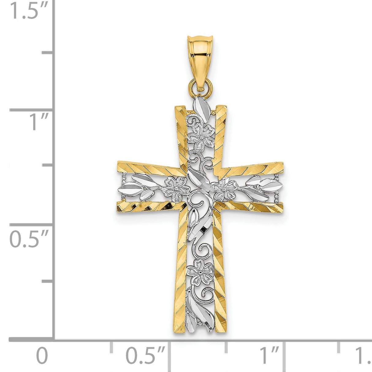 10k Yellow and White Gold Cross Pendant with Diamond Cut Floral Design