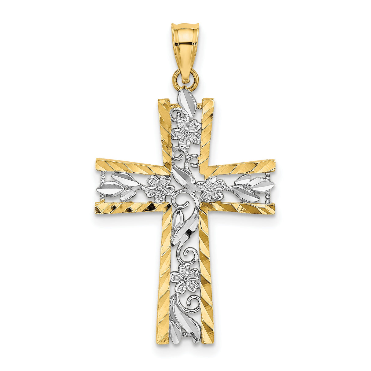10k Yellow and White Gold Cross Pendant with Diamond Cut Floral Design