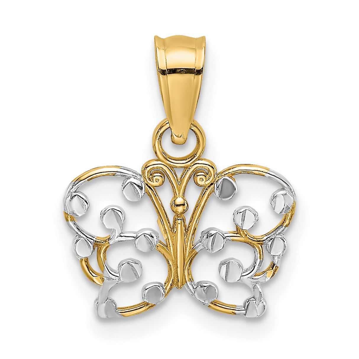 10k Multi-Tone Gold Butterfly Pendant with Rhodium Accent, Open Filigree Design