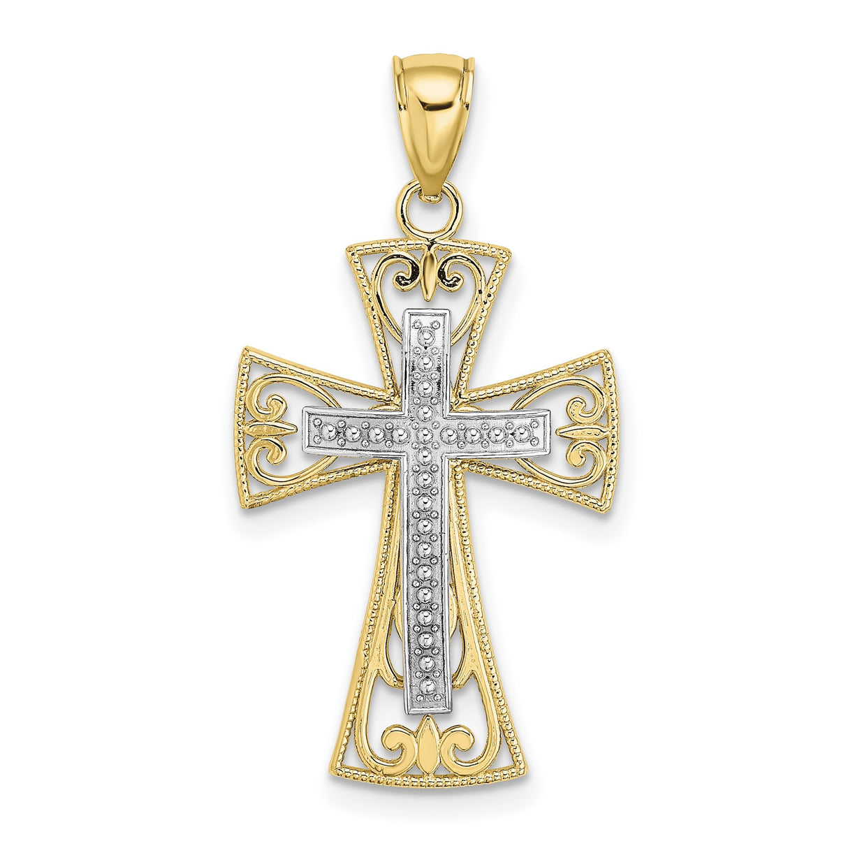 10k Multi-Tone Gold Cross Pendant with Filigree and Diamond Cut Details
