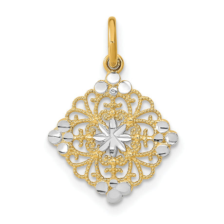 10k Multi-Tone Gold Compass Pendant with Filigree, Rhodium Accent, and Starburst Motif for Women