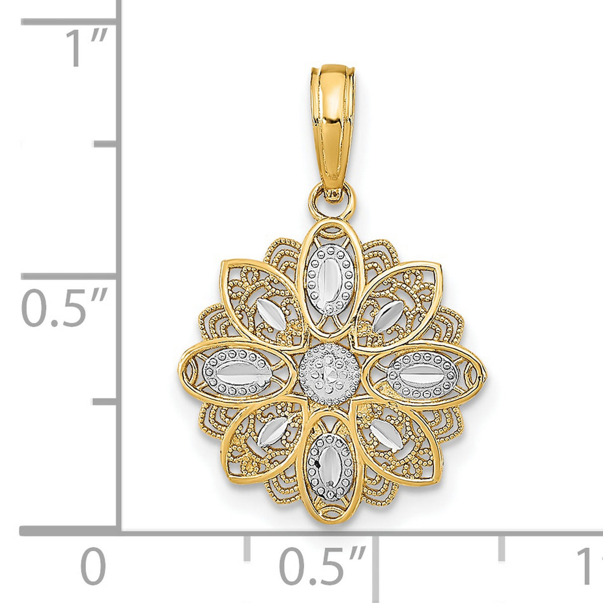 10k Multi-Tone Gold Mandala Flower Pendant with Rhodium Filigree Detail