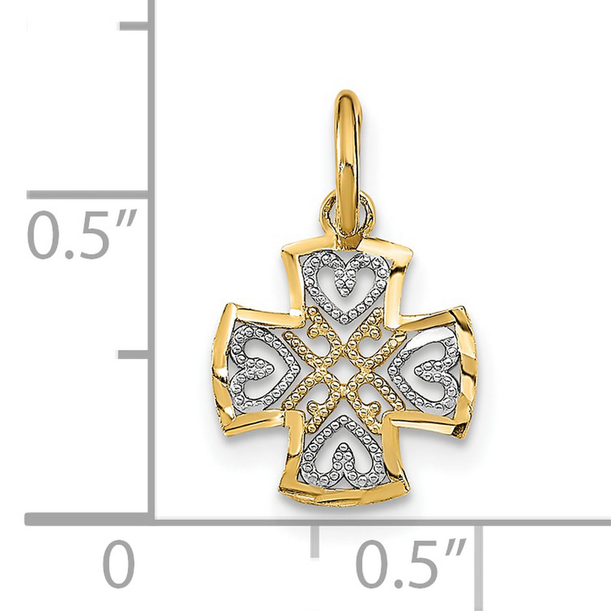 10k Multi-Tone Gold Cross Pendant with Diamond Cut Heart and Scroll Design
