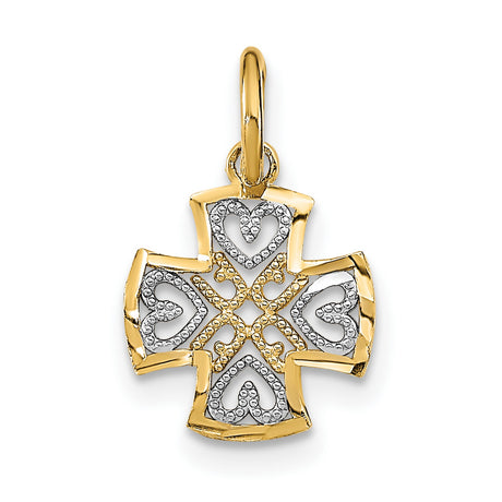 10k Multi-Tone Gold Cross Pendant with Diamond Cut Heart and Scroll Design