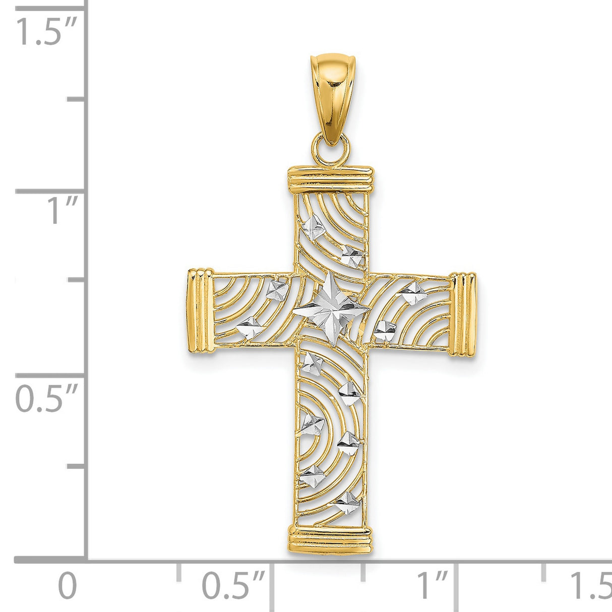 10k Two-Tone Gold Cross Pendant Charm with Diamond Cut Detailing and Celestial Design