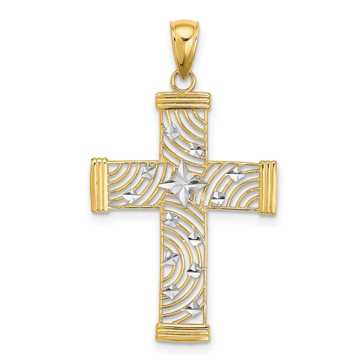 10k Two-Tone Gold Cross Pendant Charm with Diamond Cut Detailing and Celestial Design
