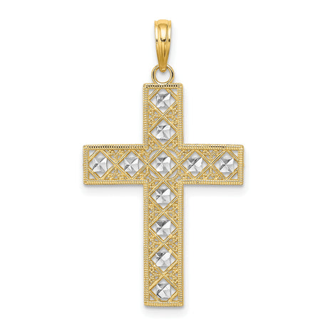 10k Multi-Tone Gold Cross Pendant with Diamond Cut Detailing and Milgrain Accents