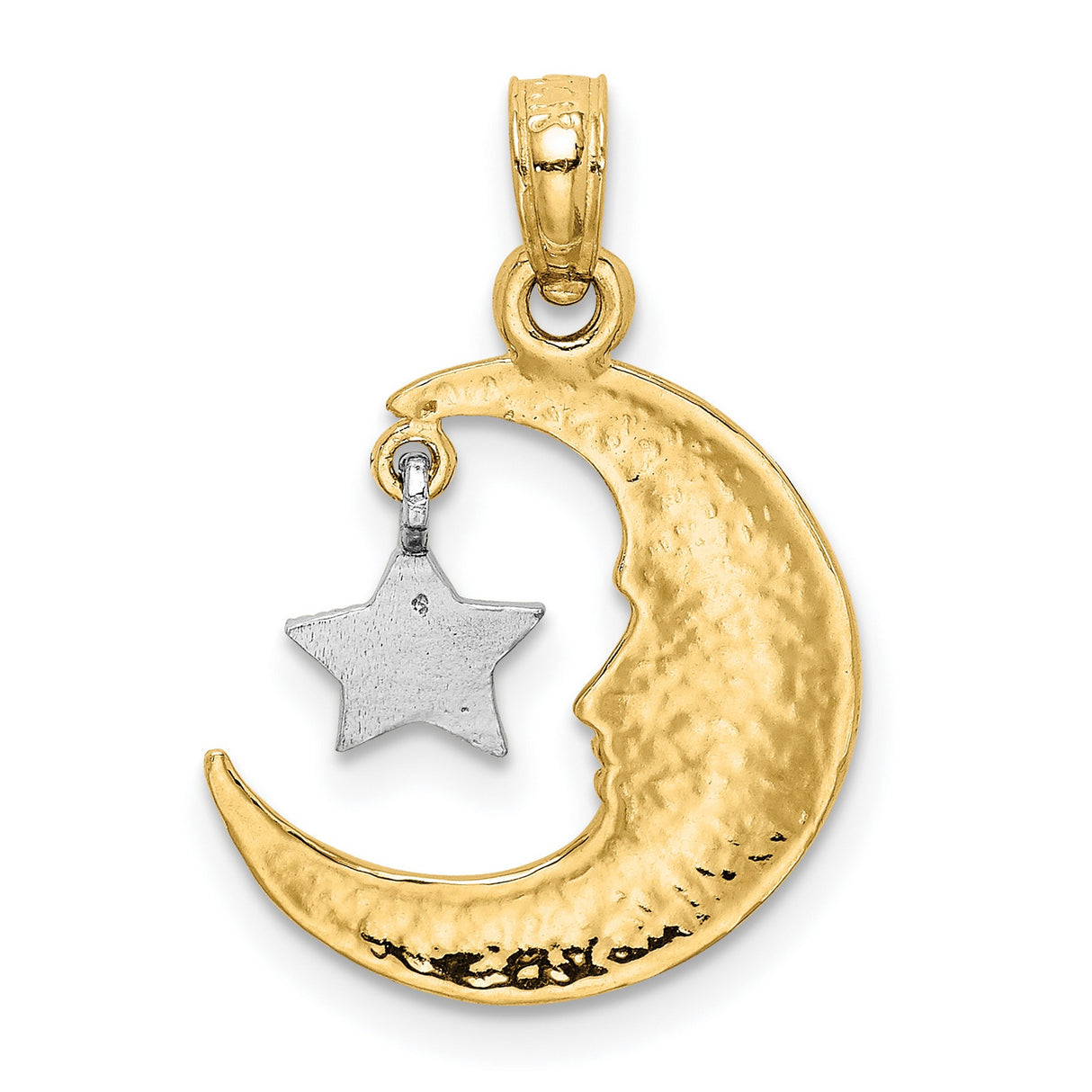 10k Two-Tone Gold Crescent Moon Pendant with Diamond-Cut Silver Star, Celestial Design