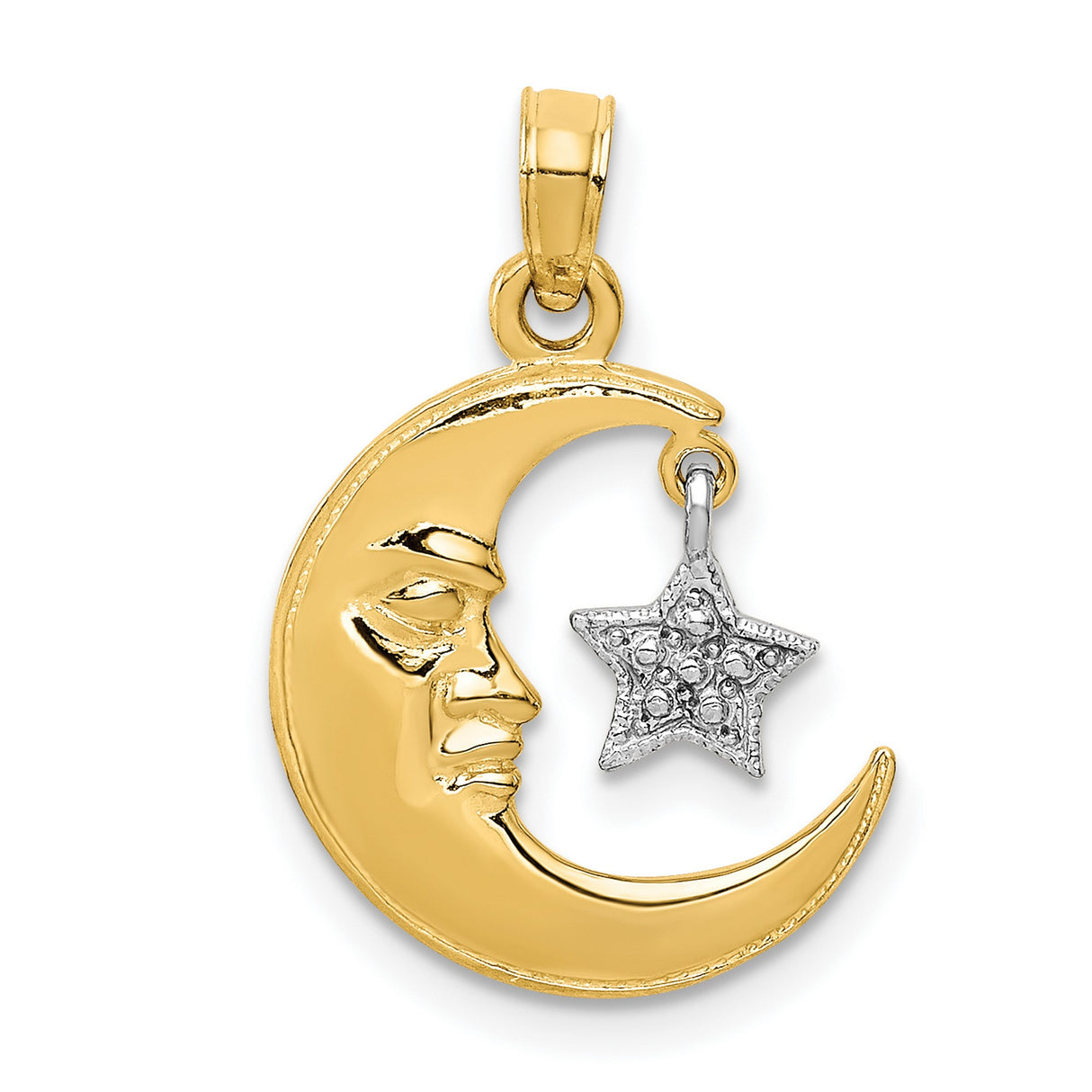 10k Two-Tone Gold Crescent Moon Pendant with Diamond-Cut Silver Star, Celestial Design