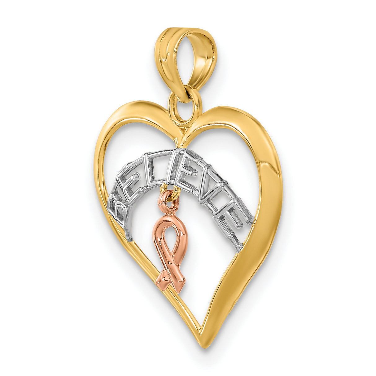 10k Two-Tone Gold Heart Pendant with Rose Gold Awareness Ribbon and Believe Inscription
