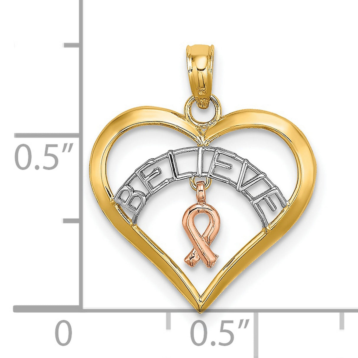 10k Two-Tone Gold Heart Pendant with Rose Gold Awareness Ribbon and Believe Inscription