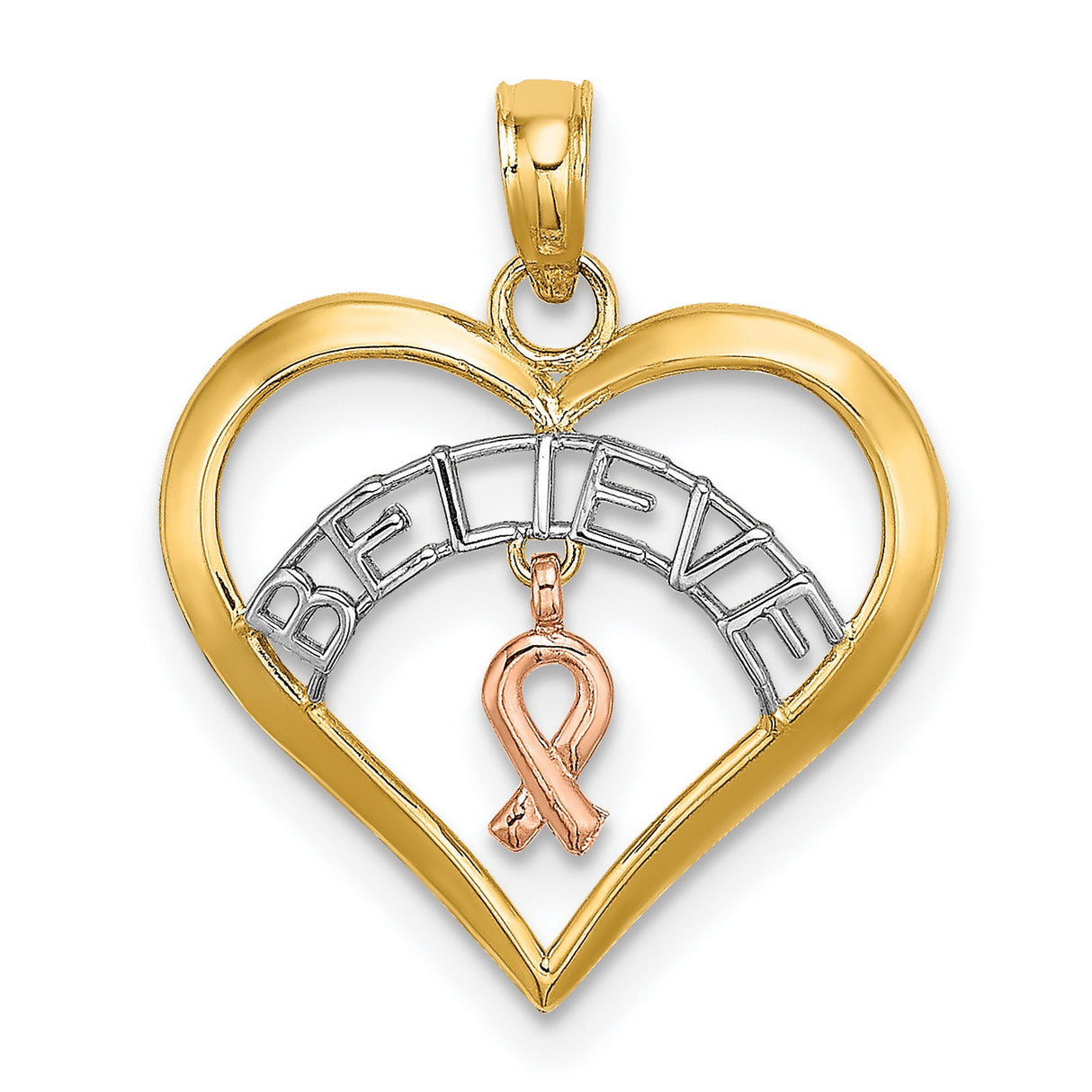 10k Two-Tone Gold Heart Pendant with Rose Gold Awareness Ribbon and Believe Inscription